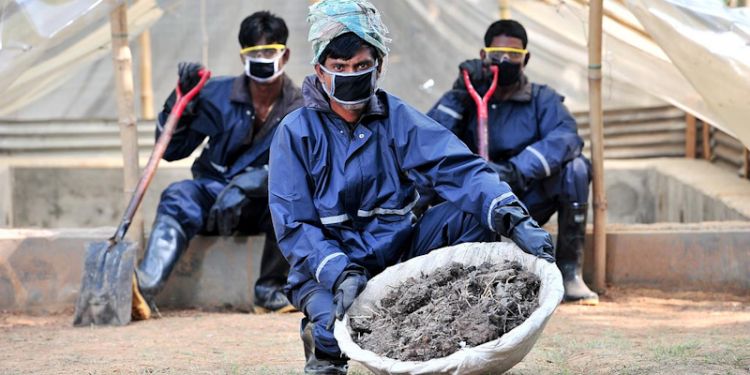 human waste is collected in a container