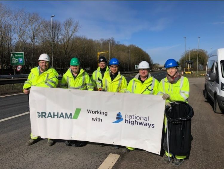 Picture of GRAHAM and National Highways employees (Including Taimur Khan) before commencing a litter pick on the A1.