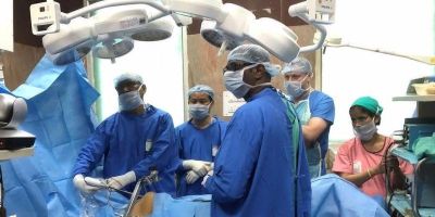 Surgeons in an operating theatre in India.