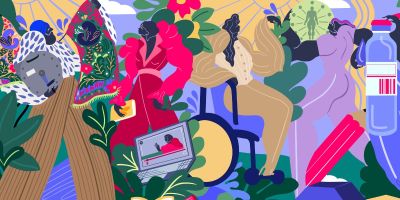A colourful abstract drawing of people mingling with scientific objects