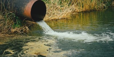 A wastewater pipe dispensing water into a dirty stream