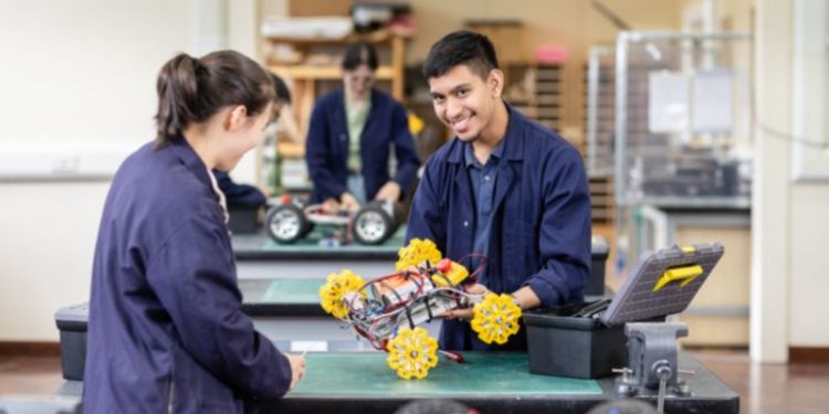 Students working on a rover in the Prototyping workshop at the University of Leeds.