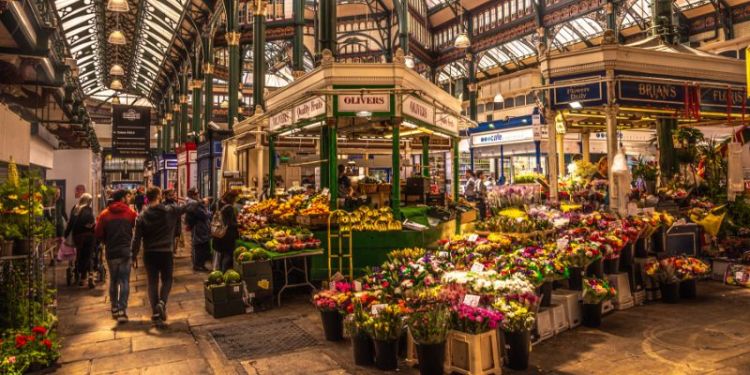 A photograph of the inside of Kirkgate market.