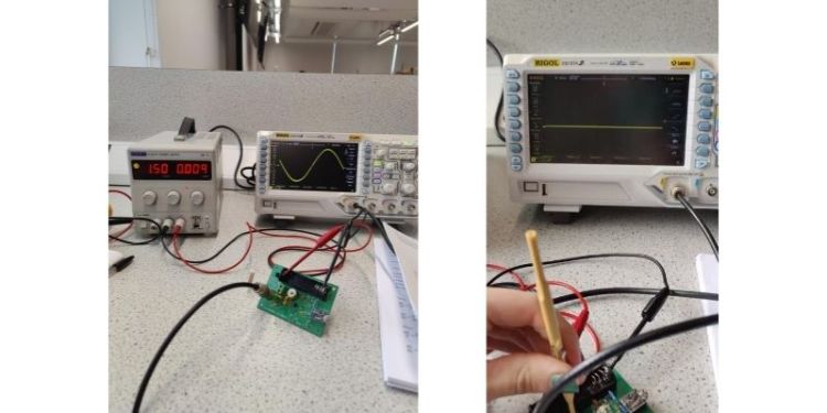 Two photographs side by side, showing a piece of equipment mearing frequency.