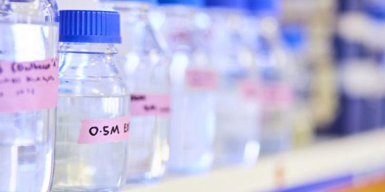 Chemical bottles lined up in a chemistry lab at the University of Leeds