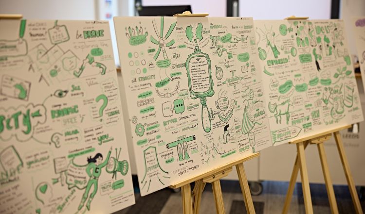 The final artistic boards, on easels, at the Mechanical Engineering Research Conference.