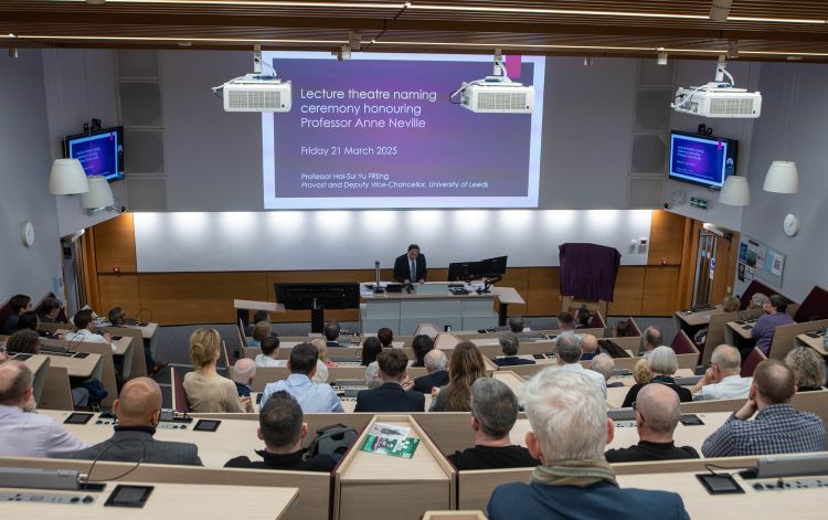 Professor Hai-Sui Yu giving a speech in front of 100 people in the School of Mechanical Engineering's Anne Neville Lecture Theatre.