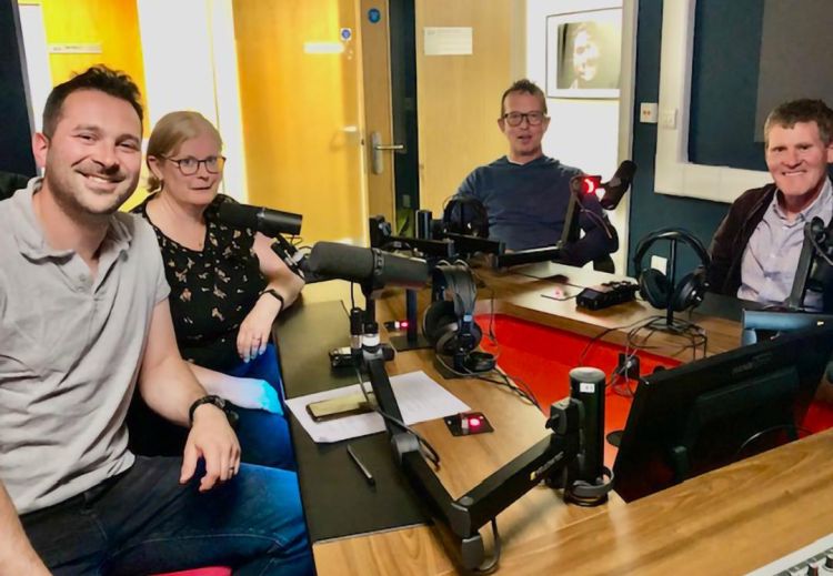 Rich Williams, Professor Cath Noakes, Dr James Tate, and Dr Jim McQuaid in a recording studio.
